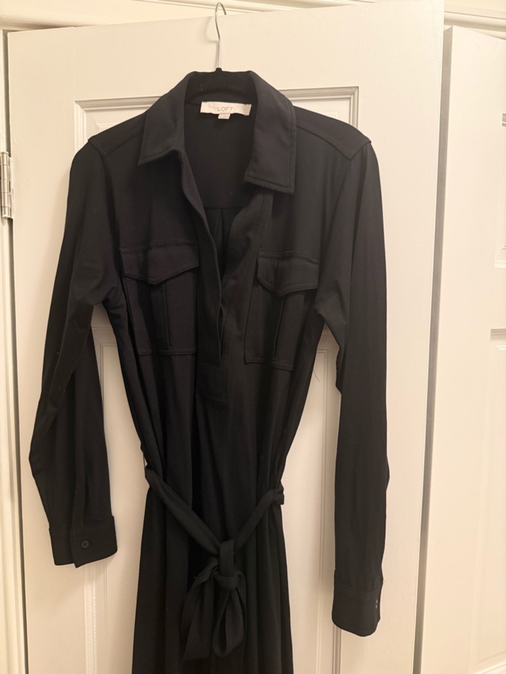 LOFT Black Long Sleeve Shirt Dress with Waist Tie